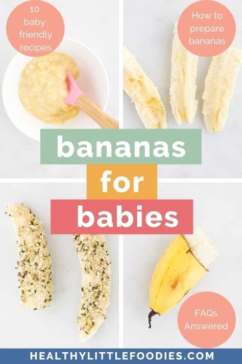 This guide covers the most common questions parents have when serving bananas to their babies. It illustrates how to prepare/serve bananas (both for puree and baby-led weaning) and includes links to ten baby-friendly banana recipes. Baby Led Weaning Banana, Banana Baby Led Weaning, Banana Blw Recipe, 2 Old Banana Recipes, Blw Banana, Banana Baby Food Recipe, Homemade Banana Baby Food, Mashed Banana Recipes, Infant Banana Pancakes