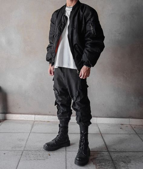 Techwear, Streetwear, Bomber Jacket, Jacket, Cargo Pants, Tech Pants, Emo, Black, Dark, Outfit, Black Outfit, All Black Outfit, Future, Futuristic, Darkwear, Cyberpunk, Chains, Eboy, Anime Boy, Kpop, Fashion, Streetstyle, Techno, Aesthetic, Photography, Urban, Urban Style, Boots, Combat Boots, War Boots, Techwear Outfit, Bomber Jacket Outift, Rings,No face, Monochrome, Monochrome Outfit, Oversize, Oversize Outfit, Oversize Bomber Jacket, Oversized, Necklace, Necklaces, Streetwear Combat Boots, Men Outfits Techwear, Men’s Cyberpunk Outfit, Black Boots Men Outfit Aesthetic, Men’s Combat Boots Outfit, Simple Techwear Outfit Men, Black Boot Outfits Men, Vigilante Aesthetic Outfit Male, Metalcore Outfits Men