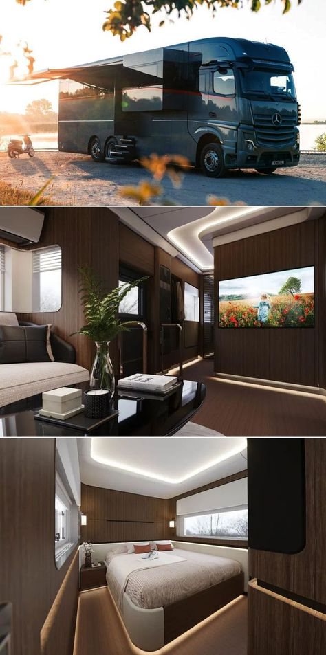 Luxury Trailer Homes, Mercedes Rv, Bus Motorhome, Rv Inspiration, Motorhome Interior, Land Yacht, Bus Ideas, Train Design, Mercedes Actros