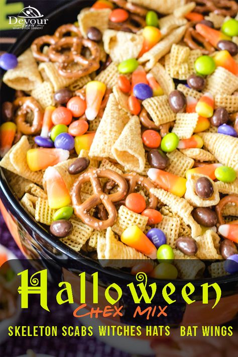 Halloween Treats With Bugles, Halloween Snack Mix With Bugles, Halloween Gorp Recipes, Snack Mix With Candy Corn, Halloween Chex Mix Muddy Buddy, Witches Brew Snack Mix Recipe, Bugle Mix Recipe, Easy Halloween Chex Mix Recipes, Easy Halloween Trail Mix Recipe