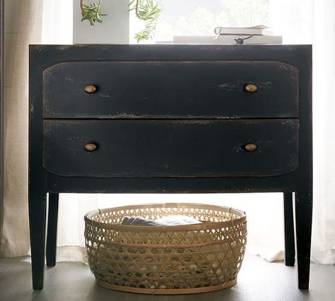 Nightstands & Bedside Tables | Pottery Barn Pottery Barn Flynn, 2 Drawer Black Nightstand, Black Nightstands And Cherry Bed, Black Moody Dresser, Nightstand Dark Room, Urban Bronze Nightstand, Bachelor's Chest Nightstand, Black Nightstand Chest, Black Nightstand West Elm