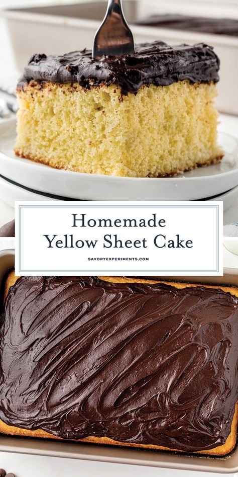 With simple pantry ingredients, you can make this classic Yellow Sheet Cake, perfect for any occasion! Great for birthdays, too! Yellow Sheet Cake Recipe, Yellow Sheet Cake, Sheet Pan Cake, Fabulous Desserts, Sheet Cake Recipe, Yellow Cake Recipe, Birthday Sheet Cakes, Cotton Cake, Dessert Cakes