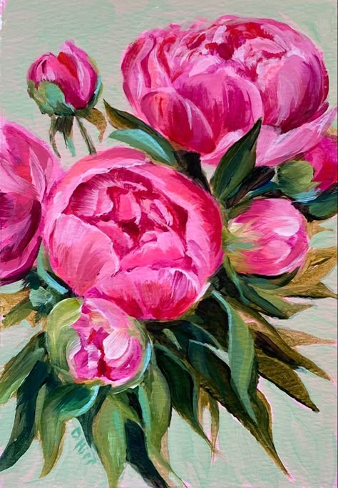 Painted Peonies Acrylic, Peonies Canvas Painting, Small Sketchbook Paintings, Acrylic Painting Peonies, How To Paint Peonies Acrylic Easy, Acrylic Painting Peony, Peonies Painting Acrylic Easy, Easy Peony Painting, Paintings Of Peonies