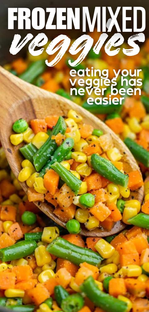 A close up view of a wooden spoon dishing out a helping of mixed veggies. Ground Beef Frozen Veggies, Cooking Frozen Green Beans, Delicious Sides, Stay At Home Chef, Mixed Veggies, Freeze Greens, Frozen Green Beans, Diced Carrots, Sliced Turkey