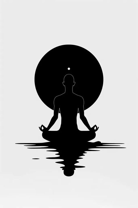 The image is of a person sitting in a lotus position with a large black circle behind them. The person is in silhouette, and the image has a minimalist style ->> more details in ai-img-gen.com Black Meditation Art, Yoga Silhouette Art, Meditating Silhouette, Silhouette Yoga, Yoga Silouhette Painting, Person Sitting, Minimalist Logo, Minimalist Fashion, Meditation