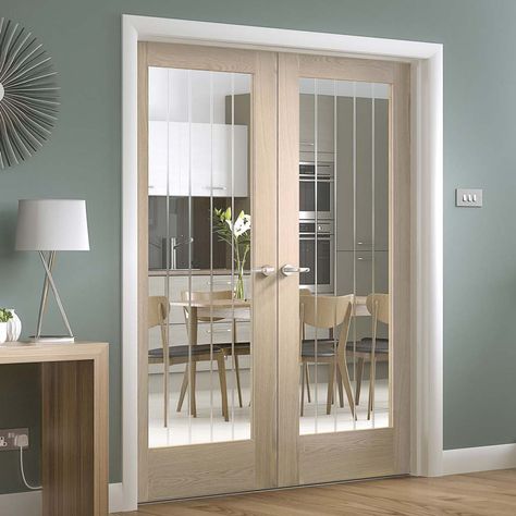 Pre-finished Suffolk 1 Light Oak Glazed Door Pair - Clear Etched Glass - Choose Your Colour - Lifestyle Image.    #doubledoors #frenchdoors Internal Folding Doors, Internal Sliding Doors, Room Divider Doors, Double Sliding Doors, Sliding Wardrobe Doors, Grey Doors, Door Fittings, Flush Doors, Fire Doors