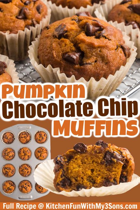 Made with pumpkin puree, pumpkin spice, and semi-sweet chocolate chips, these Pumpkin Chocolate Chip Muffins are the best of both worlds. Easy to make and ultra moist, they'll become your go-to fall muffin! Easy Chocolate Chip Pumpkin Muffins, Pumpkin Spice Chocolate Chip Muffins, Pumpkin And Chocolate Chip Muffins, Jumbo Pumpkin Chocolate Chip Muffins, Pumpkins Chocolate Chip Cookies, Pumpkin Chip Muffins, Easy Pumpkin Muffin Recipes, Pumpkin Pie Mix Muffins, Pumpkin Chocolate Chip Muffins Easy