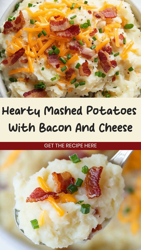 Indulge in the ultimate comfort food with our velvety mashed potatoes topped with crispy bacon and gooey melted cheese. This hearty dish is perfect for satisfying your cravings on a cozy night in or impressing guests at a special gathering. The rich flavors of the smoky bacon combined with the savory cheese take classic mashed potatoes to a whole new level of deliciousness. Treat yourself to this delectable side dish and enjoy every savory, creamy bite! Mashed Potatoes With Bacon And Cheese, Bacon Mashed Potatoes Recipe, Ultimate Mashed Potatoes Recipe, Mashed Potatoes With Bacon, Mashed Potato Bake, Flavored Mashed Potatoes, Ultimate Mashed Potatoes, Bacon Potato Casserole, Bacon Mashed Potatoes