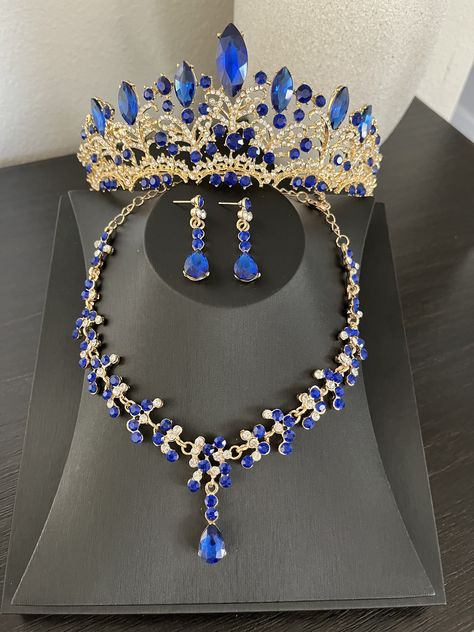 Really Beautiful Royal Blue - Etsy Quinceanera Makeup Royal Blue And Gold, Royal Blue Quinceanera Jewelry, Royal Blue Quinceanera Decorations Ideas, Royal Blue And White Quinceanera Dresses, Quinceanera Decorations Royal Blue, Royal Blue Crown Quinceanera, Royal Blue Quince Dresses With Gold, Sweet 16 Royal Blue Theme, Royal Blue Quinceanera Nails