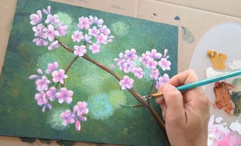 Painting Cherry Blossoms, Easy Acrylic Painting For Beginners, Sakura Painting, Composition Painting, Easy Acrylic Painting, Canvas Painting Tutorials, Painting For Beginners, Blossoms Art, Acrylic Painting For Beginners