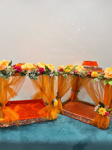 Instagram - @radhearts.in Whatsapp - 9819834090 Rukhvat Wedding Decorations, Doli Decoration, Haldi Plate, Krishna Accessories, Shadi Decoration, Haldi Platter, Diy Engagement Decorations, Wedding Card Decorations, Mehndi Decoration