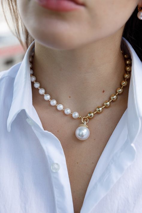 Pearl necklace .Half pearls half gold bead. Large pearl pendant . Also removable. 16 inch .