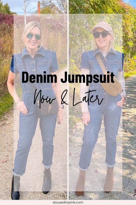 what to wear with a denim jumpsuit in fall How To Style A Denim Jumpsuit, Denim Jumpsuit Outfit Fall, Denim Jumpsuit Outfit Winter, Jean Jumpsuit Outfit, Flat Suede Ankle Boots, Jumpsuit Outfit Winter, Jumpsuit Outfit Fall, Jumpsuit Styling, Denim Jumpsuit Outfit