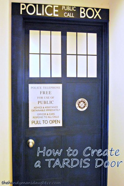 Follow these simple steps to turn a plain hollow core door into the entrance to the TARDIS! This is the perfect DIY project for any Doctor Who fan. http://thehandymansdaughter.com Doctor Who Bedroom, Hollow Core Door, Tardis Door, Doctor Who Craft, Tardis Art, Office Redo, Doctor Who Crafts, Geek Diy, Hollow Core Doors