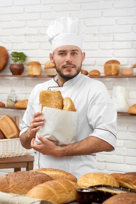 Young man working at his bakery by serhiibobyk. Handsome young baker posing at his store with a bunch of delicious fresh bread just from the oven profession occupati... #Sponsored #Handsome, #serhiibobyk, #baker, #young Coffee Comic, Bakery Inspiration, Baker Man, Man Working, Food Sketch, Yellow Belt, Chimney Sweep, Human Reference, Baker Boy