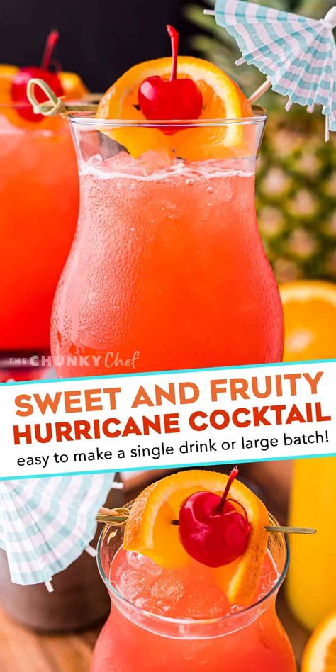 With just one sip, this Hurricane Cocktail will make you feel like you’re on an island vacation! Easy to make just a single drink, or scale it up for a party! #rum #cocktail #drink Cocktails Easy, Rum Drinks Recipes, Fruity Alcohol Drinks, The Chunky Chef, Strong Cocktails, Chunky Chef, Alcholic Drinks, Summer Drinks Alcohol, Cocktail Drinks Alcoholic