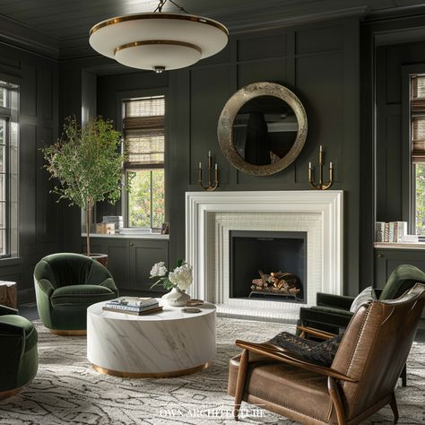 A sophisticated living room in dark olive green tones, centered around a white fireplace for a striking contrast.  #LivingRoom #InteriorDesign #LuxuryLivingRoom #DreamHouse #DreamHome #OwnArchitecture #LivingRoomInspo #HomeGoals Green Fireplace Mantle, Dark Green Fireplace, Fireplace Dark, Painted Fireplaces, Green Fireplace, Two Story Fireplace, Sophisticated Living Room, Paint Fireplace, White Fireplace