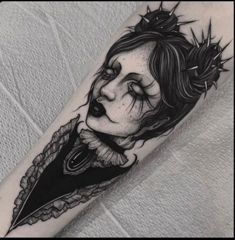 Scary Witch Tattoo, Creepy Black And Grey Tattoos, Blackwork Portrait Tattoo, Goth Realism Tattoo, Goth Dark Tattoo, Creepy Lady Tattoo, Ethereal Woman Tattoo, Rosie The Riveter Tattoo Traditional, Goth Neo Traditional Tattoo