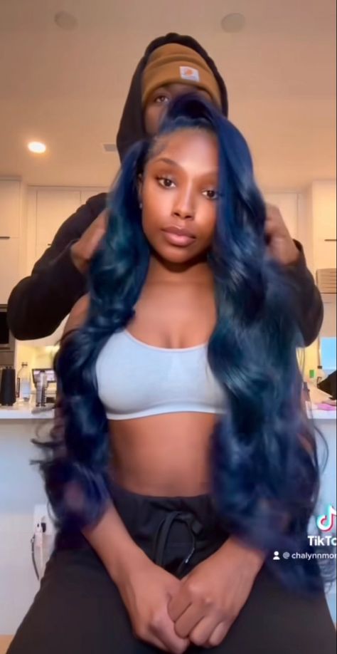 Blue Frontal Dark Skin, Midnight Blue Wig Black Women, Dark Blue Side Part Wig, Navy Blue Frontal Wig, Birthday Outfit Blue Dress, Midnight Blue Lace Front Wig, Mid Night Blue Wig, Blue Ombre Wigs For Black Women, Jayda Wayda Blue Hair