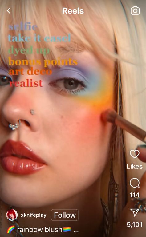 Full Face Rainbow Makeup, Soft Rainbow Makeup, Pink Blue And Yellow Makeup, Noah Kahan Concert Makeup, Eyeshadow Inspiration Colorful, Subtle Rainbow Makeup, Chappell Roan Inspired Makeup, Rainbow Blush Makeup, Pride Blush