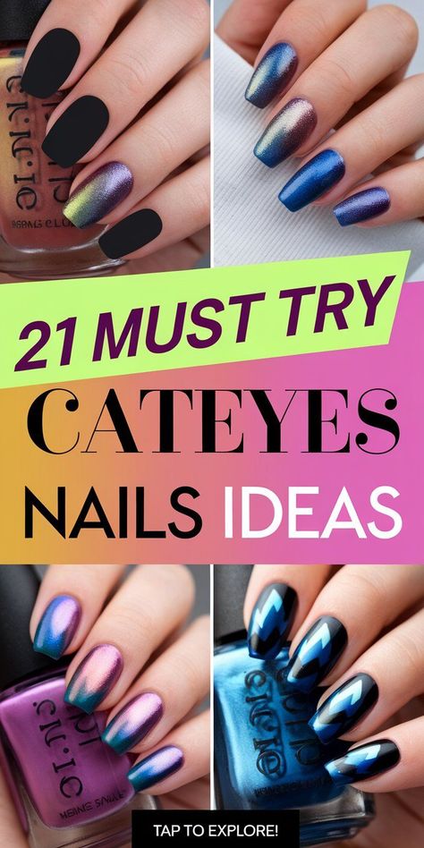 Get inspired by Cateyes Nails! Short Cateyes Nails are perfect for a sleek and chic look, while Square Cateyes Nails add a bold statement. Cateyes Nails French Tip gives your nails a fresh twist on the classic. Browse through Cateyes Nails Art and Ideas for endless inspiration. #CateyesNails #ShortCateyesNails #SquareCateyesNails #NailArt #NailDesigns #NailInspo Cateye Nails With French Tips, Cats Eye Acrylic Nails, Purple And Green Cat Eye Nails, Short Dragon Nails, Nail Designs For Real Nails, Cool Cat Eye Nails, Cat Eye Nails Ombre, Winter Nails Cat Eye, Cat Eye Nails Art