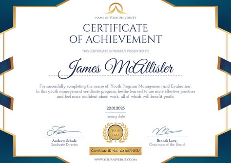 This professional and fancy course certificate template is perfect for academic achievements, ceremony awards, and membership grants. The modern certificate of recognition template is free and customizable online. Certificate Of Recognition Template, Certificate Of Recognition, University Certificate, Youth Programs, Program Management, Certificate Of Achievement, Academic Achievement, Certificate Programs, Certificate Templates