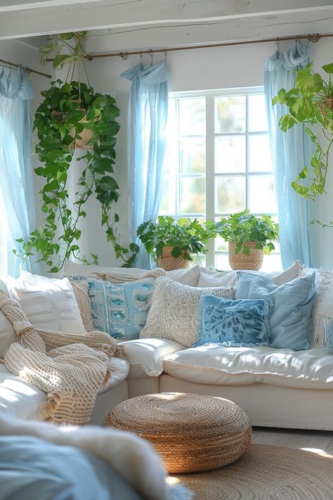 Beach House Interior Design Boho, Beach Aesthetic Living Rooms, Boho Beach Living Room, Beach Living Room Decor, Beach House Vibes, Beach House Decorating, Coastal Living Room Ideas, Beachy Living Room, Beachy Home Decor