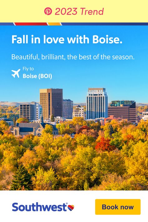 Southwest Airlines® is here to make your fall vacation dreams a reality. For picturesque landscapes, crisp air, seasonal treats, and unforgettable adventures look no further than Boise. Tap the Pin and book now. Fall Road Trips Midwest, Baddie Halloween Costumes, Western Us Road Trip Itinerary, Where To Stay In Yosemite National Park, Baddie Halloween, Diamond Birthday, Book Flight, Gilmore Girls Bloopers, Cowhide Fabric