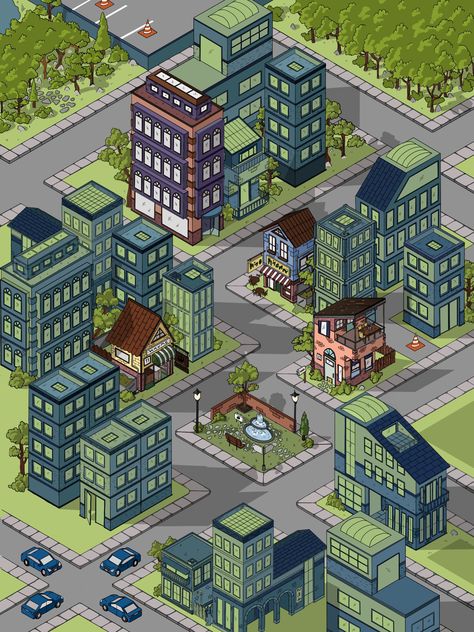 Isometric City Map by Deniz Aygün Isometric Art Illustration City, City Top View Illustration, Isometric City Map, Isometric Game Map, Isometric Illustration City, Isometric Map Illustration, Creepy Locations, Isometric Landscape, 2d Isometric