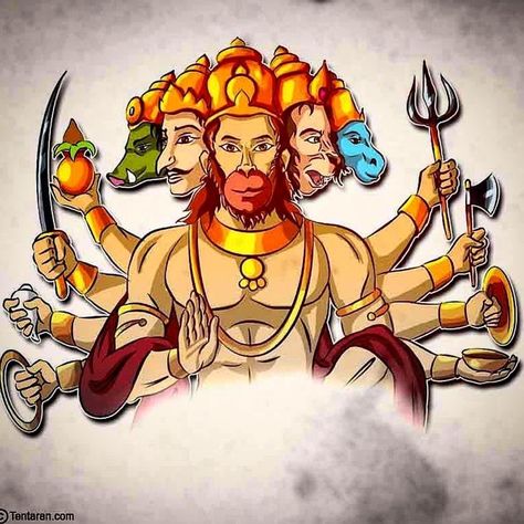 Shri Panchmukhi Hanuman is said to be originated at the time of war between Ravana and Lord Rama. During the war, Ravana took help of Ahiravana, the King of Pataala Lok (nether world). Ahiravana appeared in the form of Vibhishana. Then, he took Shri Rama and Lakshmana to Pataala Lok. Hanuman Ji, in order to protect them, formed a fortress with his tail and entered Pataala Lok. There he found that he had to extinguish five lamps burning in five different directions at the same time to k.. Lord Hanuman Sketch, Hanuman Ji Sketch, Hanuman Sketch, Rama Hanuman, Panchmukhi Hanuman, Wind God, Hanuman Murti, Hanuman Images Hd, Hanuman Tattoo