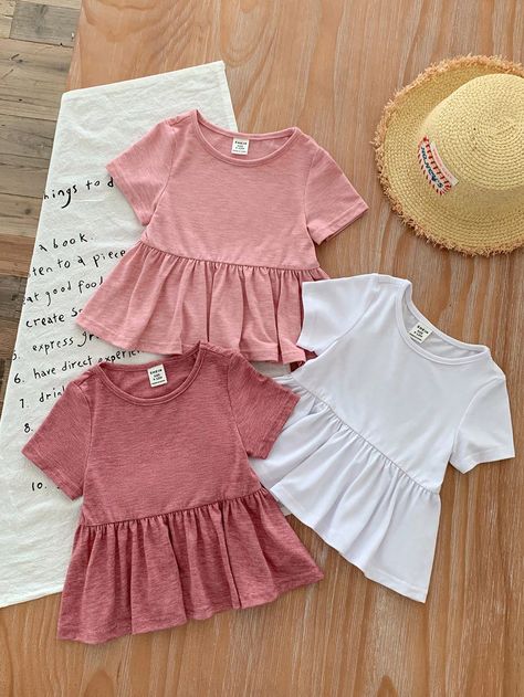 SHEIN Baby Girl 3pcs Simple And Casual Solid Color Knitted Short-Sleeved Shirt With Ruffle Hem For SummerI discovered amazing products on SHEIN.com, come check them out! Flats Outfit, Kids Boutique Clothing, Plain Blouse, Knit Shorts, Summer Baby, Girl Baby, Girl Top, Girls Clothing