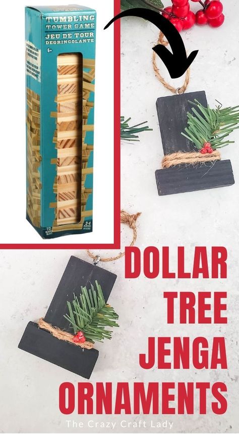 Popsicle Stick Ornaments Diy, Mini Jenga Block Crafts Diy Dollar Tree, Advent Crafts For Adults, Wood Block Crafts Christmas, Dollar Store Jenga Block Crafts, Dollar Tree Ornaments Diy, Jenga Block Ornaments, Jenga Block Crafts Diy Dollar Tree, Dollar Tree Jenga Block Crafts