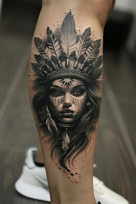 Leg Tattoos Native American, Native Female Tattoo, Indian Woman Tattoo Design, Native Woman Tattoo, Native Tattoos For Women, Traditional Native American Tattoos, Native American Woman Tattoo, Native American Tattoo Ideas, Native American Tattoos For Women