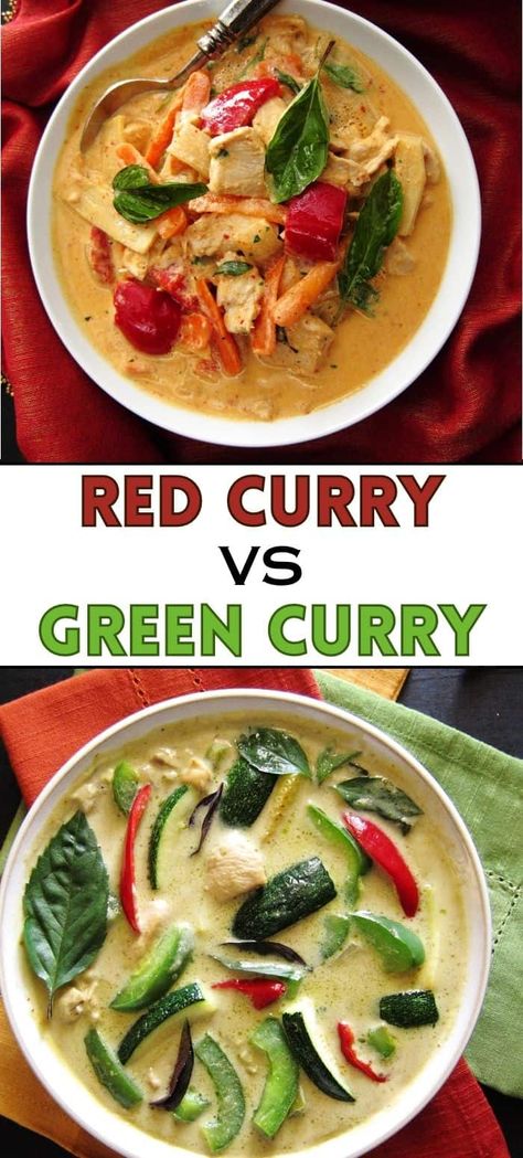 Red curry and green curry are two of the most popular curries in Thai cuisine. Find out the difference between red curry vs green curry and which you should try next. Chicken And Potato Curry, Thai Green Chicken Curry, Thai Curry Recipes, Green Curry Recipes, Green Curry Chicken, Red Curry Chicken, Curry Ingredients, Ground Chicken Recipes, Spicy Thai