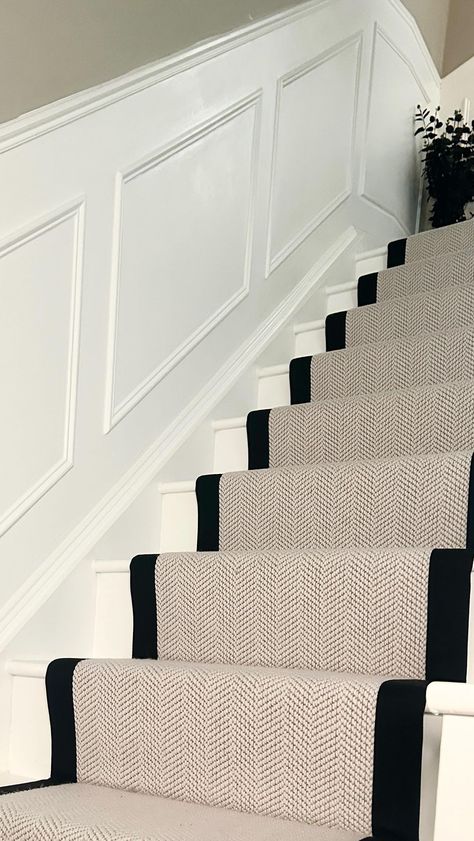 Lucy @homepoppylane | Stair Runner Prep 💫 From cracked and ugly to this beauty- just shows what a bit of patience, panelling, paint and a stair runner can do. … | Instagram Blue Painted Stairs With Runner, Runner Stairs And Landing, Stair Runner Edging, Stair Runner On White Stairs, Stairs With Runners And Landing, Stairway With Runner, White Stairs With Carpet Runner, Traditional Stair Runner, White Staircase With Runner