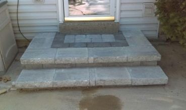 Brick Patio Steps From House, Paver Patio Steps From House, Back Door Steps To Patio Concrete, Concrete Block Steps, Patio Paver Steps, Paver Steps Stairs, Paver Steps To Patio, Concrete Patio Ideas With Steps, Concrete Front Steps