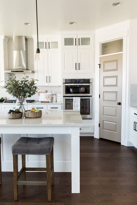 Modern farmhouse kitchen | Akin pantry door paint colors Kitchen With A Corner Pantry, Corner Pantries In Kitchen, Kitchens With Corner Pantry, Pantry In Corner Of Kitchen, Corner Pantry In Kitchen, Corner Pantry Kitchen Layout, Kitchen Layout With Corner Pantry, Modern Corner Pantry, Corner Pantry Kitchen