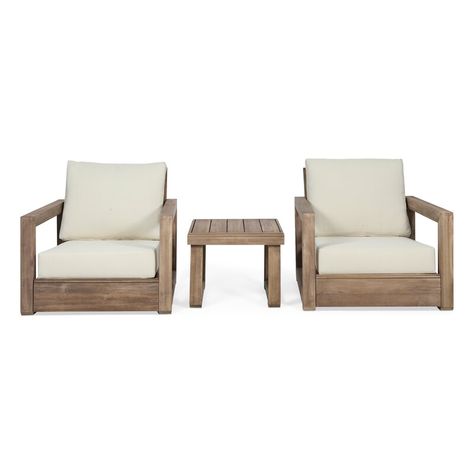 Birch Lane™ Confida 2 - Person Outdoor Seating Group with Cushions & Reviews | Wayfair White Outdoor Furniture, Chair And Table, Teak Armchair, Brown Cushions, Outdoor Lounge Set, Chair Dimensions, Brown And Beige, Patio Spaces, Noble House