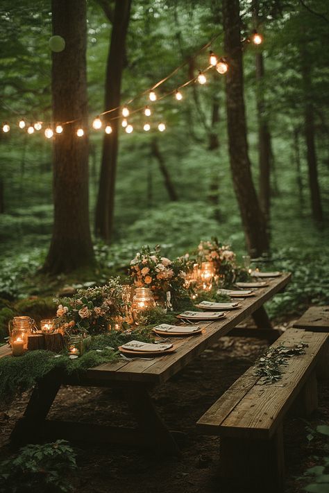 29 Bold Place Settings to Add Personality to Your Tables Woodsy Wedding Aesthetic, Vintage Woodland Wedding, Fall Wedding Woods, Woodland Fairy Wedding Decor, Woodsy Bridal Shower Ideas, Magical Forest Wedding Fairytale, Forest Wedding Table Decor, Forest Tablescape, Garden Fairy Wedding