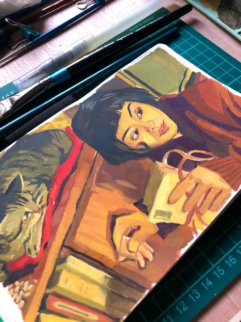 Amelie film still painting in himi jelly gouache Gouache Painting Character, Gouache Character Art, Gouache Painting People, Amelie Painting, Gouache People, Jelly Gouache Painting, Amelie Film, Himi Gouache Painting, Himi Gouache Art