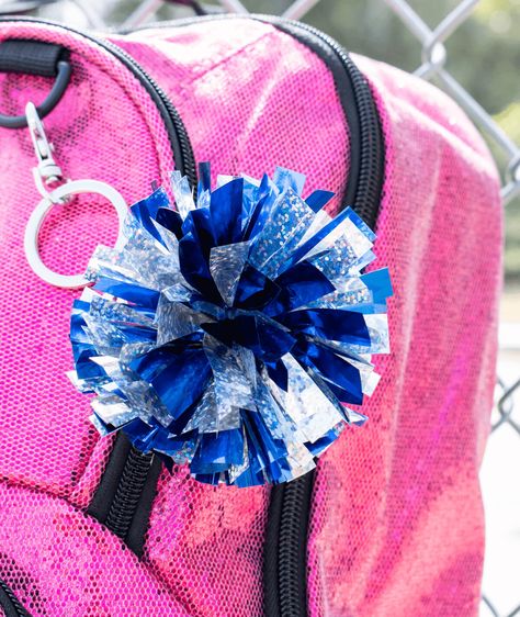 Cheer Team Accessories, Cheer Pom Keychain, Diy Mini Cheer Pom Pom Keychain, Cheerleader Keychains Diy, How To Make Pom Pom Keychain, Cheer Pom Pom Keychain Diy, Diy Cheer Keychain, Pom Team Gifts, Cheer Accessories Diy Gift Ideas