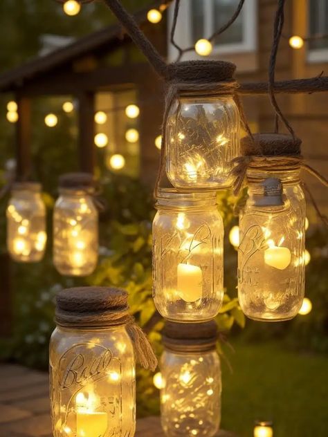 mason jars 2a Mason Jar Crafts With Lights, Jars With Lights Inside, Mason Jars Candle Holders, Lights In Jars, Fairy Lights In A Jar, Mason Jar Lights, Fall Front Porch Decor Ideas, Crafts With Glass Jars, Front Porch Decor Ideas