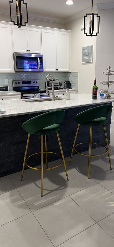 Velvet Green Bar Stools, Colorful Bar Stools Kitchen Island, Green Bar Chairs Kitchen, Green Chairs Kitchen, Green Bar Stools Kitchen Island, Green Barstools In Kitchen, Emerald Green Bar Stools, Dark Green Bar Stools, Green Kitchen Bar Stools