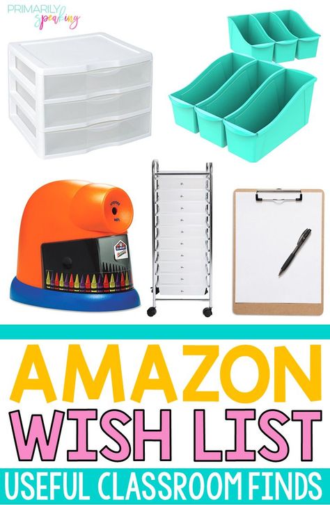 This list of useful classroom finds from Amazon is spot on. So many great items to help make your classroom a  functional space that supports student learning. From a crayon sharpener to storage ideas and everything in between there's something for every teacher in this wish list. #amazon #classroomfinds Kindergarten Wish List Ideas, Teacher Wishlist Ideas, Classroom Wishlist Ideas, Student Storage In Classroom, Classroom Amazon Wishlist, Amazon Wishlist For Teachers, Teacher Wish List Ideas, Teacher Storage Organization, Classroom Wish List Ideas