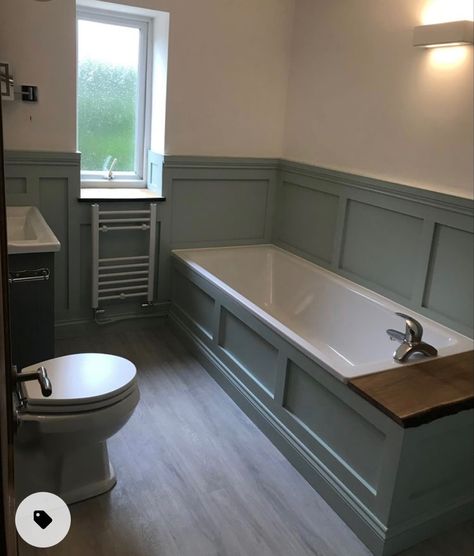 Bath Panelling Ideas, Panelled Bath Panel, Panelled Walls Bathroom Ideas, Panelled Walls Green, Bath Pannelling, Bathroom Dado Rail, Green Panelled Bathroom, Small Panelled Bathroom, Bathroom With Panelling