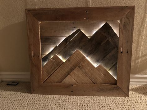 Wood Mountain Art, Mountain Wood Art, Mountain Scape, Dream Dining Room, Wood Working Ideas, Wood Shadow Box, Fun House, Projects To Sell, Light Decor