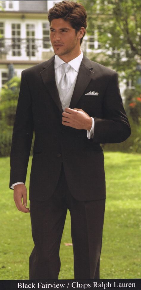 black tux with sliver vest and tie Black Suit Silver Tie Wedding, Black Suit Silver Tie, Silver Tux, Midnight Theme, Gold Wedding Decorations Receptions, Tuxedo Ideas, Wedding Menswear, Black Chaps, Groom Suit Black