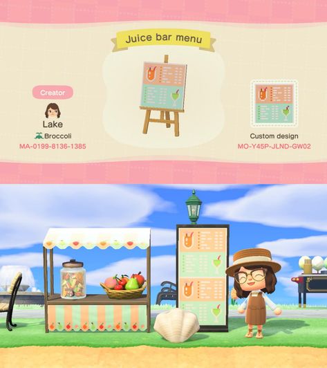 Juice Bar Menu, Fruit Stall, Juice Bar Design, Motif Acnl, Smoothie Shop, Fruit Animals, Animal Crossing Funny, Animal Crossing Qr Codes Clothes, Qr Codes Animal Crossing