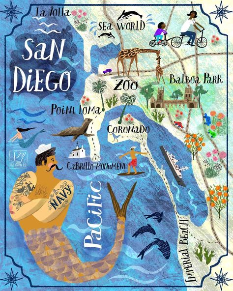 Sofia Moore on Instagram: “My (not very precise) map of San Diego showing most things I’ve enjoyed about that place, but the list goes on forever! #mapillustration…” San Diego Map, Zoo Map, Travel Doodles, Sea Map, San Diego Art, Balboa Park San Diego, San Diego Travel, Map Artwork, California Map