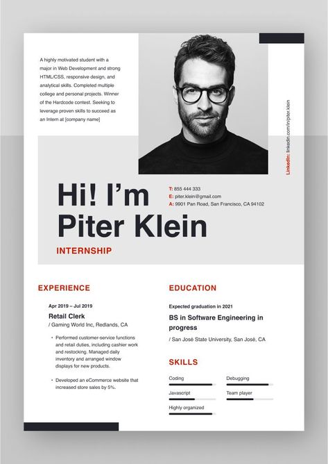 internship resume sample Curriculum Vitae Design, Internship Resume, Visual Resume, Cv Inspiration, Graphic Design Cv, Name Tag Templates, Job Inspiration, Creative Cv, Art Aesthetics